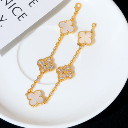 [✨Rose💎]BRACELET TRÈFLE 5 MOTIFS NACRE BLANCHE DIAMANT 