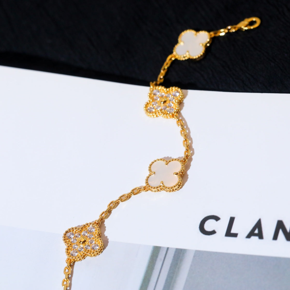 [✨Rose💎]BRACELET TRÈFLE 5 MOTIFS NACRE BLANCHE DIAMANT 