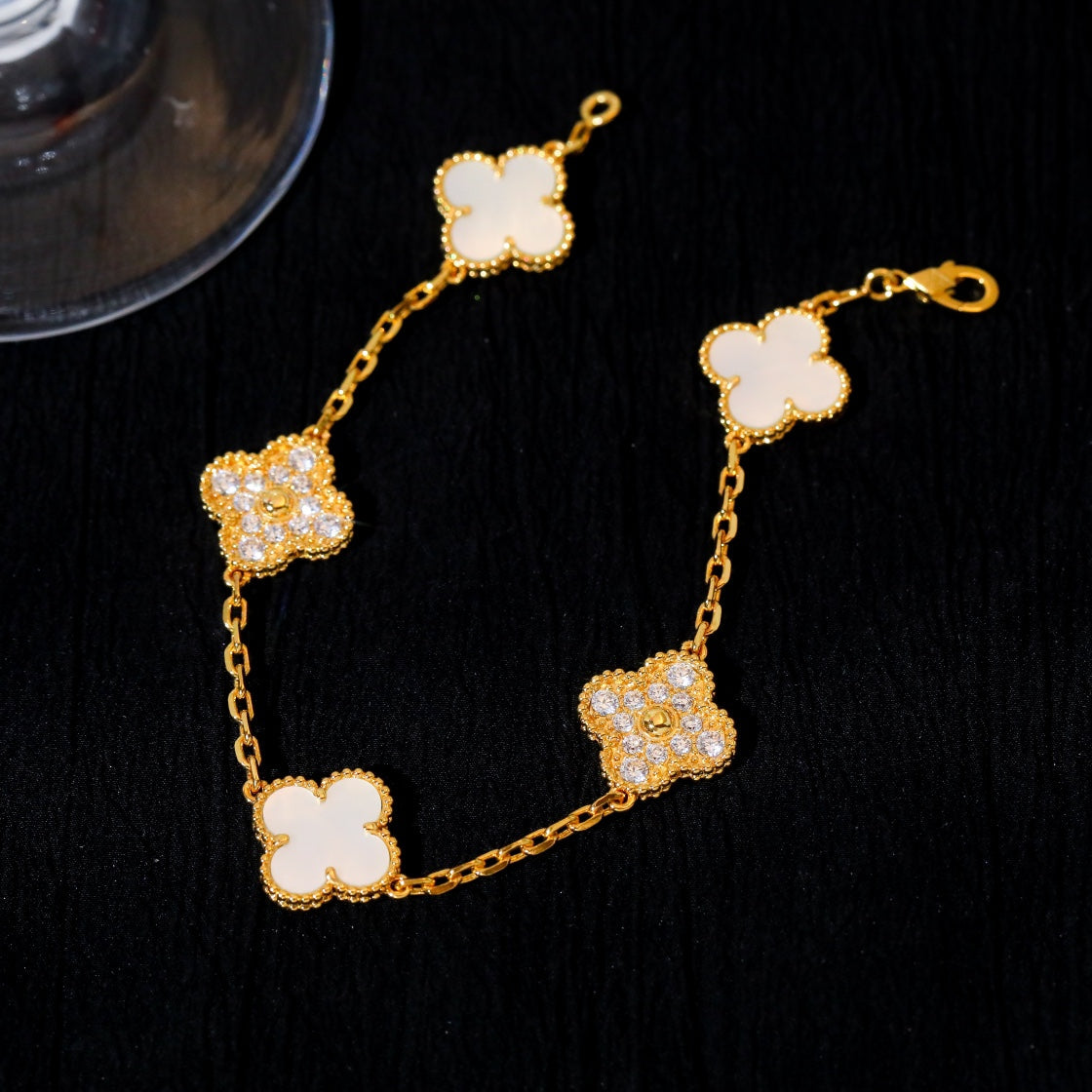 [✨Rose💎]BRACELET TRÈFLE 5 MOTIFS NACRE BLANCHE DIAMANT 