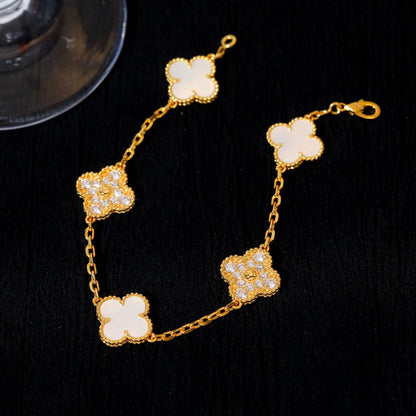 [✨Rose💎]BRACELET TRÈFLE 5 MOTIFS NACRE BLANCHE DIAMANT 