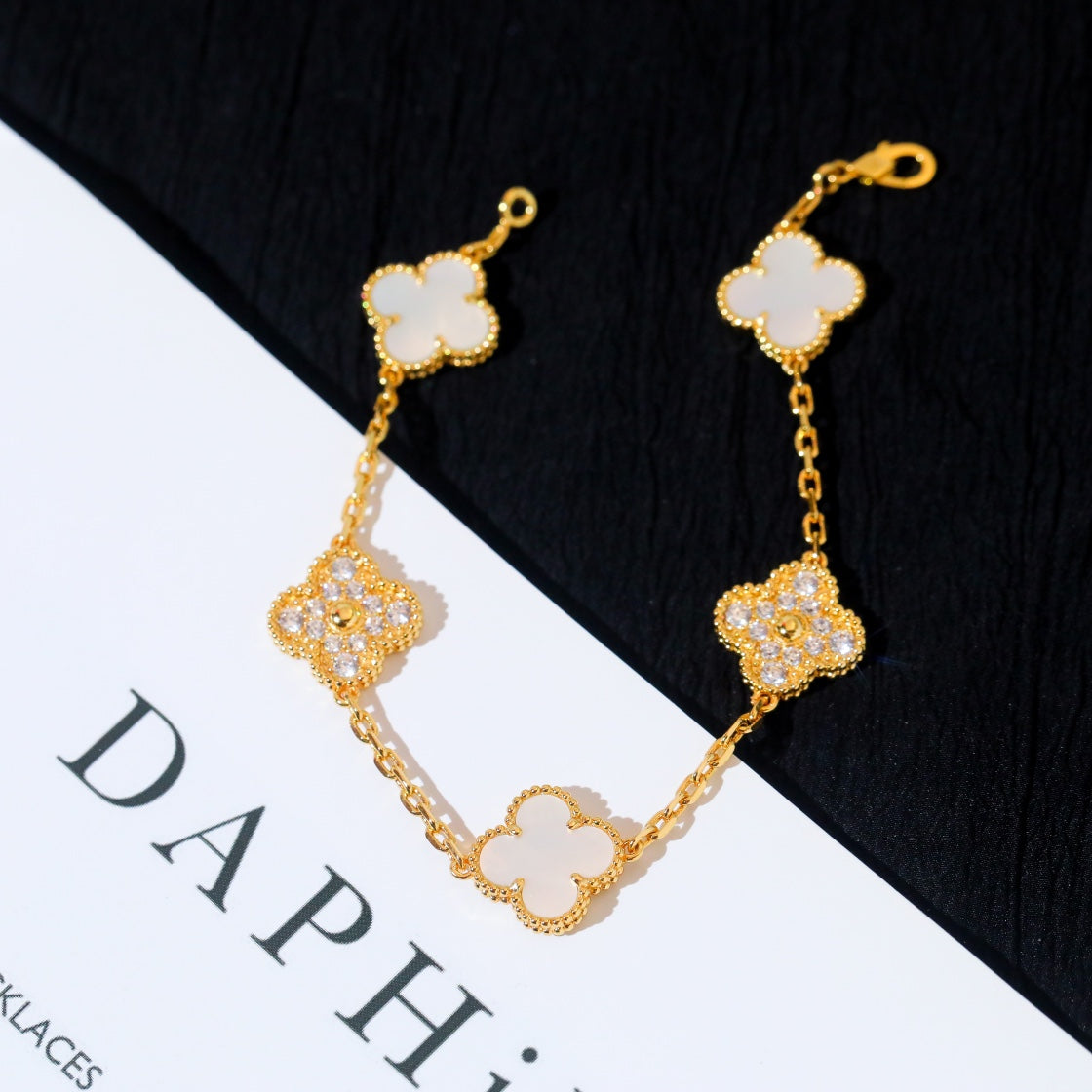 [✨Rose💎]BRACELET TRÈFLE 5 MOTIFS NACRE BLANCHE DIAMANT 