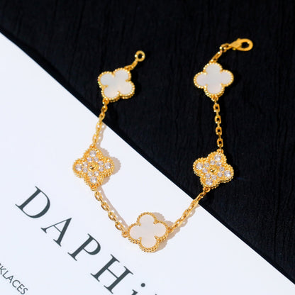 [✨Rose💎]BRACELET TRÈFLE 5 MOTIFS NACRE BLANCHE DIAMANT 