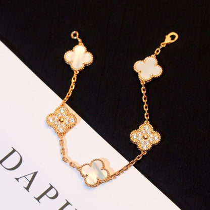 [✨Rose💎]BRACELET TRÈFLE 5 MOTIFS NACRE BLANCHE DIAMANT 