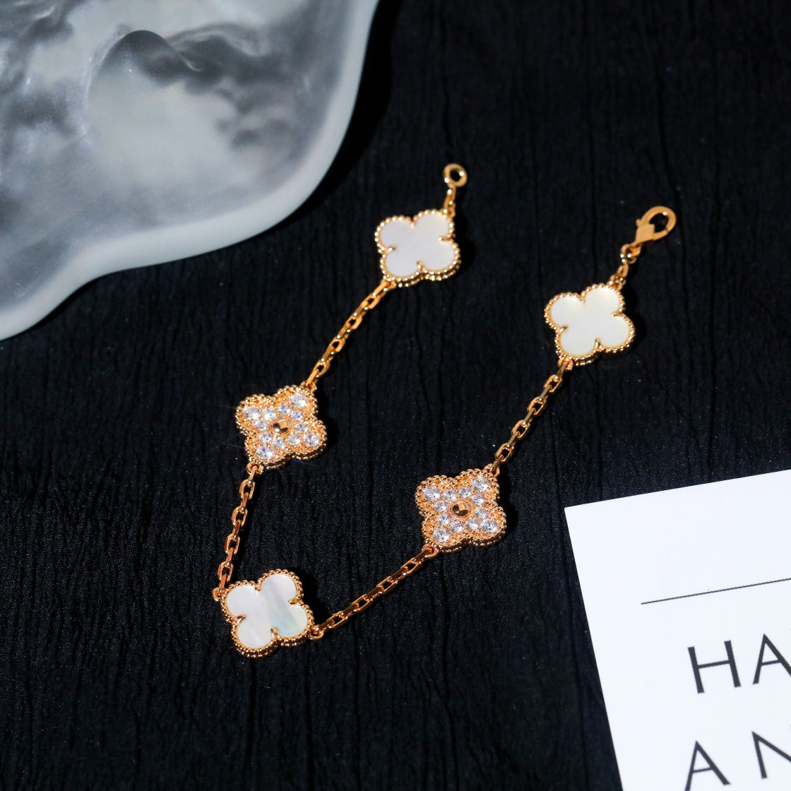 [✨Rose💎]BRACELET TRÈFLE 5 MOTIFS NACRE BLANCHE DIAMANT 