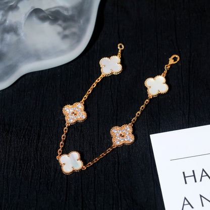 [✨Rose💎]BRACELET TRÈFLE 5 MOTIFS NACRE BLANCHE DIAMANT 