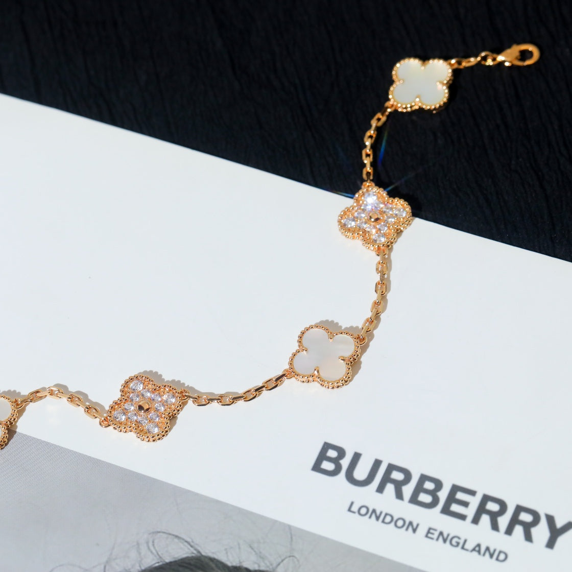 [✨Rose💎]BRACELET TRÈFLE 5 MOTIFS NACRE BLANCHE DIAMANT 