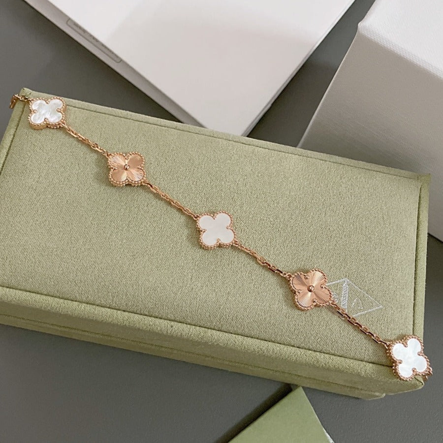 [✨Rose💎]BRACELET TRÈFLE 5 MOTIFS NACRE BLANCHE OR ROSE