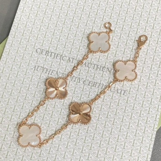 [✨Rose💎]BRACELET TRÈFLE 5 MOTIFS NACRE BLANCHE OR ROSE