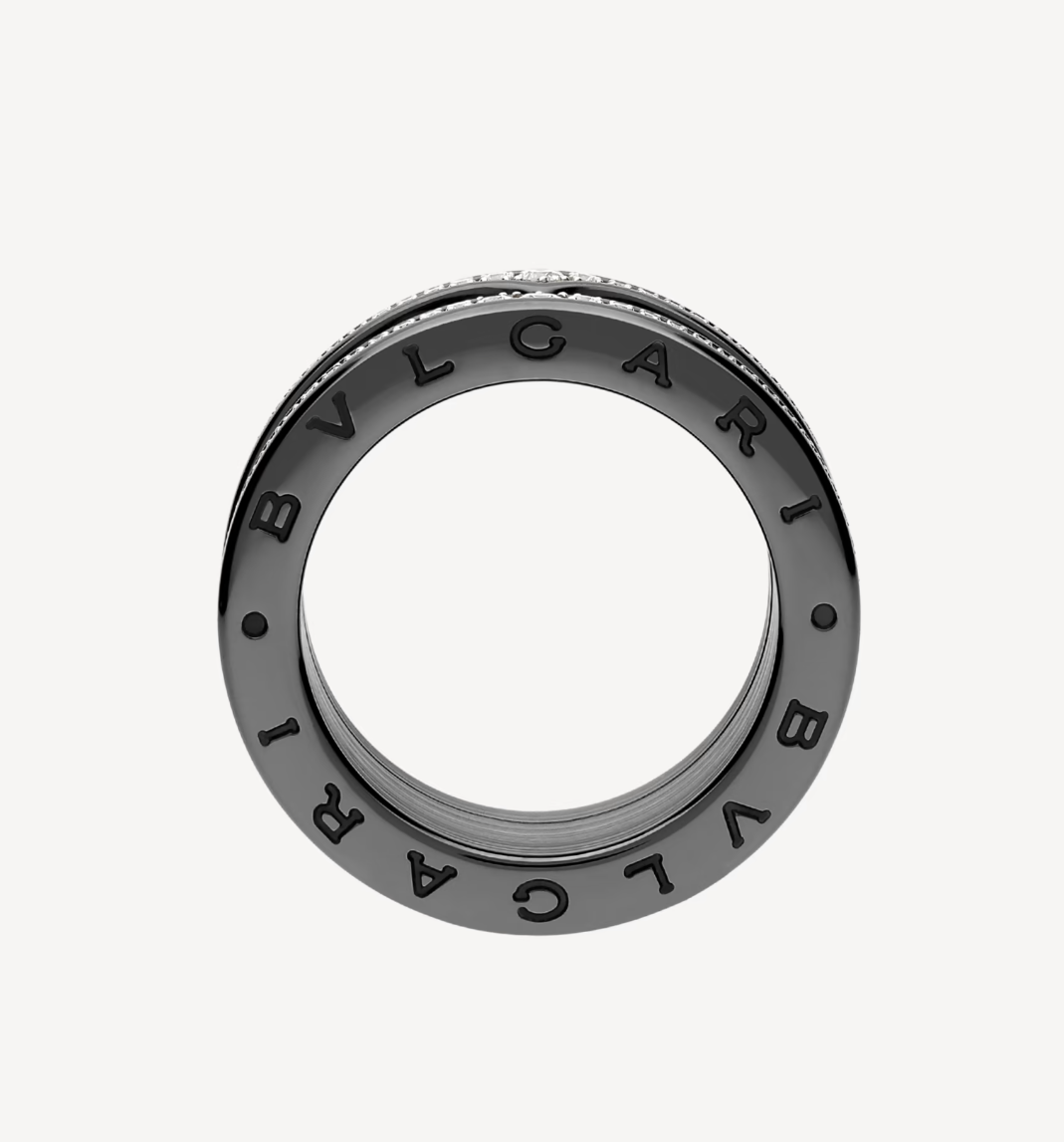 [✨Rose💎] ZERO 1 ROCK BAGUE EN CÉRAMIQUE NOIRE À QUATRE BANDES AVEC SPIRALE CLOUTÉE ET DIAMANTS PAVÉS