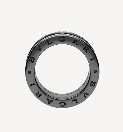 [✨Rose💎] ZERO 1 ROCK BAGUE EN CÉRAMIQUE NOIRE À QUATRE BANDES AVEC SPIRALE CLOUTÉE ET DIAMANTS PAVÉS