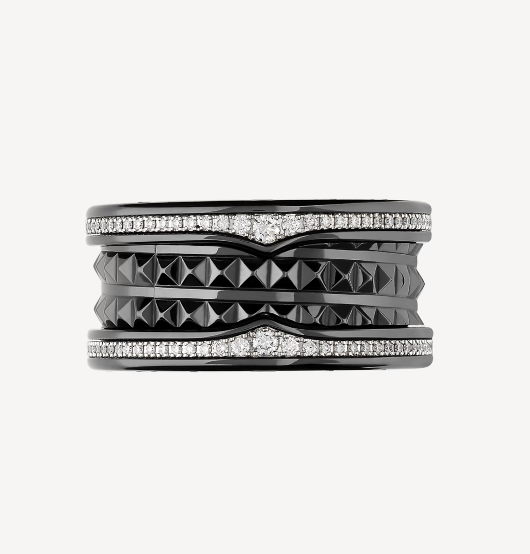 [✨Rose💎] ZERO 1 ROCK BAGUE EN CÉRAMIQUE NOIRE À QUATRE BANDES AVEC SPIRALE CLOUTÉE ET DIAMANTS PAVÉS