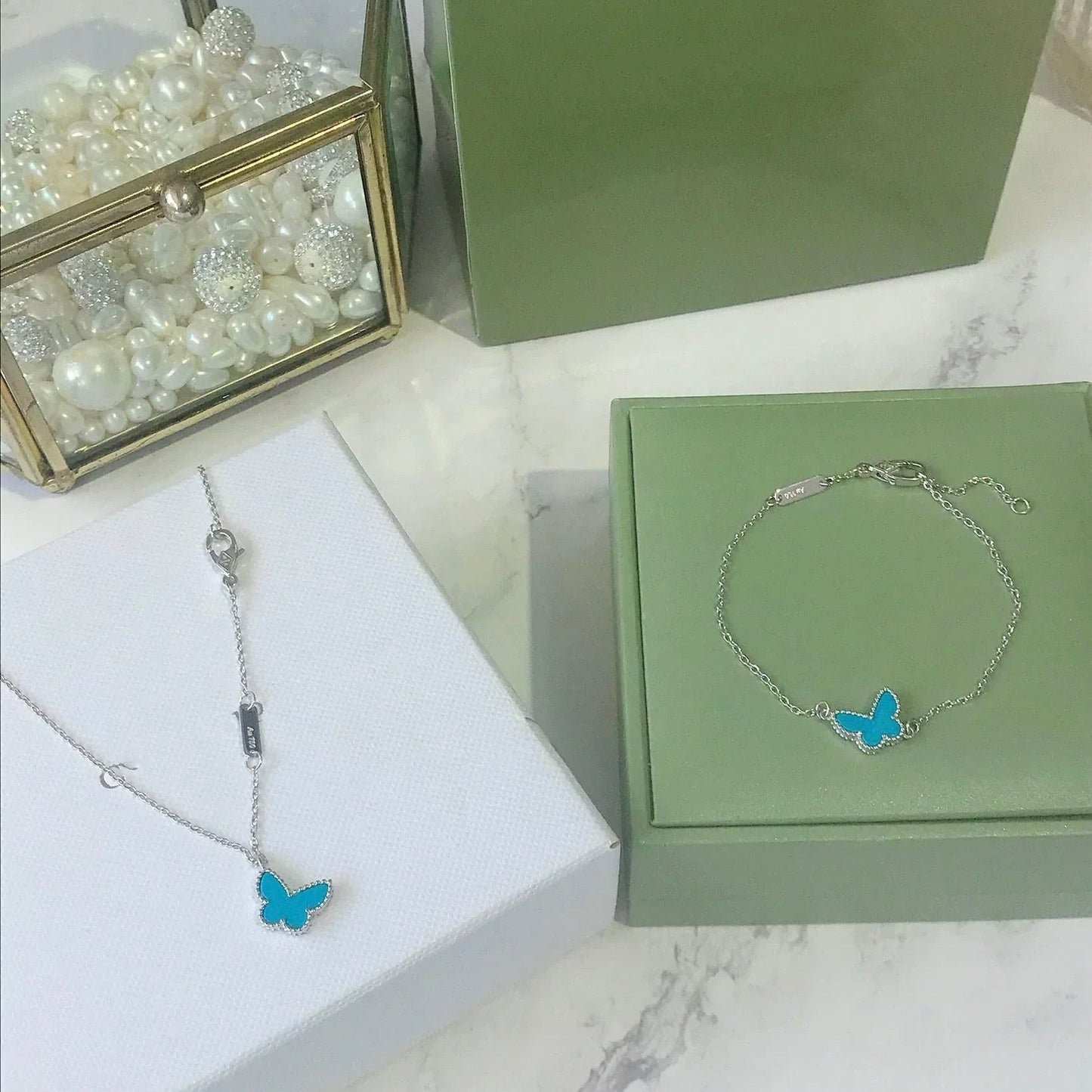 [✨ローズ💎]バタフライ ターコイズ バタフライ ブレスレット シルバー