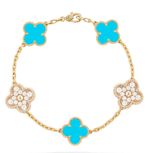 [✨Rose💎]BRACELET EN OR ET DIAMANT TURQUOISE À 5 MOTIFS TRÈFLE