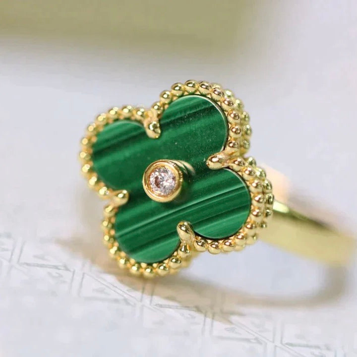 [✨Rose💎]BAGUE TRÈFLE MALACHITE OR DIAMANT