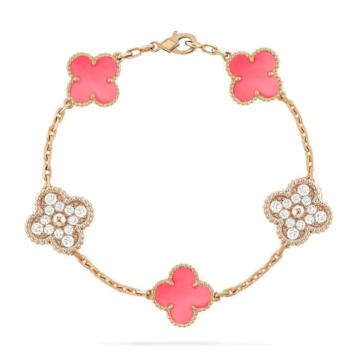 [✨Rose💎]BRACELET EN OR ROSE AVEC 5 MOTIF DE TRÈFLE ET DIAMANT