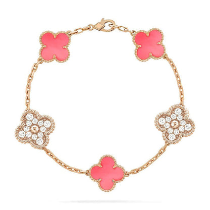 [✨Rose💎]BRACELET EN OR ROSE AVEC 5 MOTIF DE TRÈFLE ET DIAMANT