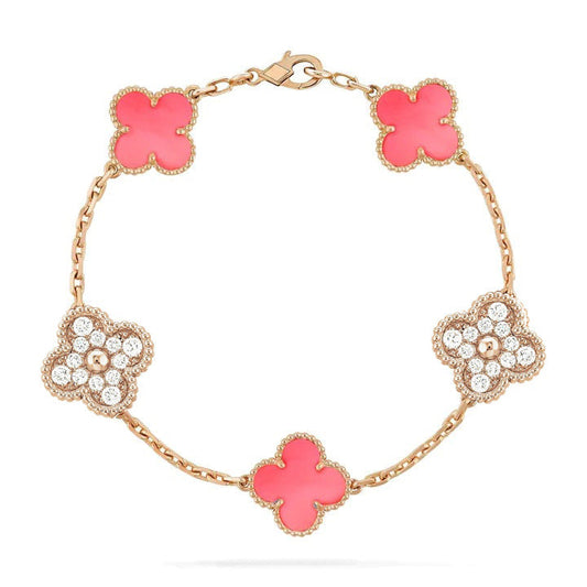 [✨Rose💎]BRACELET EN OR ROSE AVEC 5 MOTIF DE TRÈFLE ET DIAMANT