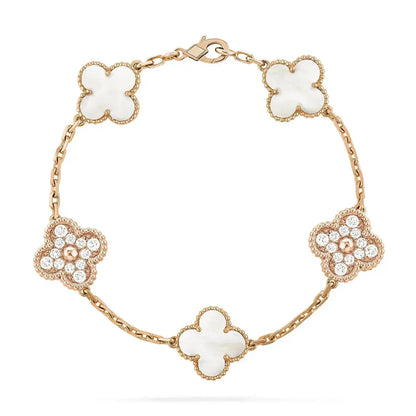 [✨Rose💎]BRACELET TRÈFLE 5 MOTIFS NACRE BLANCHE DIAMANT 