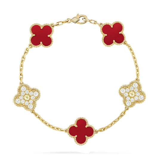 [✨Rose💎]CLOVER 5 MOTIFS CARNELIAN DIAMOND BRACELET