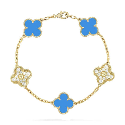 [✨Rose💎]BRACELET EN OR ET DIAMANTS À 5 MOTIFS EN CALCÉDOINE BLEUE 