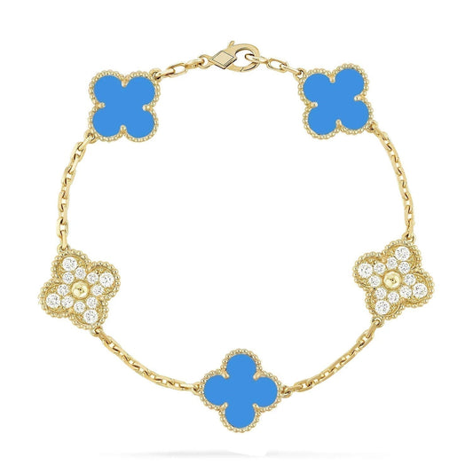 [✨Rose💎]BRACELET EN OR ET DIAMANTS À 5 MOTIFS EN CALCÉDOINE BLEUE 