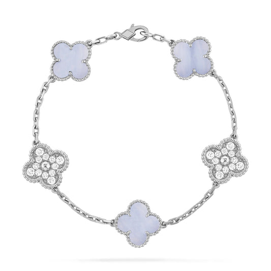 [✨Rose💎]BRACELET TRÈFLE 5 MOTIF DIAMANT CALCÉDOINE VIOLET ARGENT 