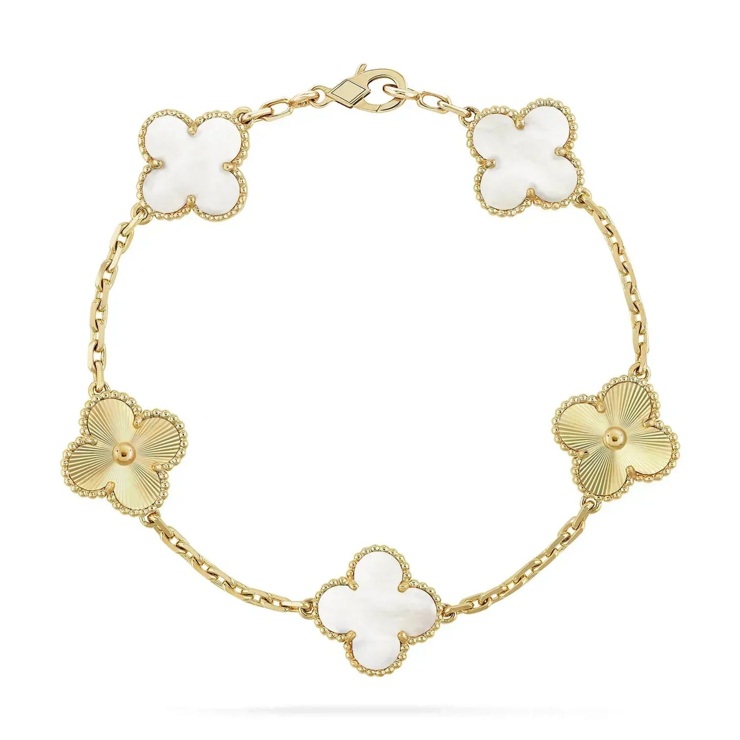 [✨Rose💎]BRACELET TRÈFLE 5 MOTIFS NACRE BLANCHE OR ROSE