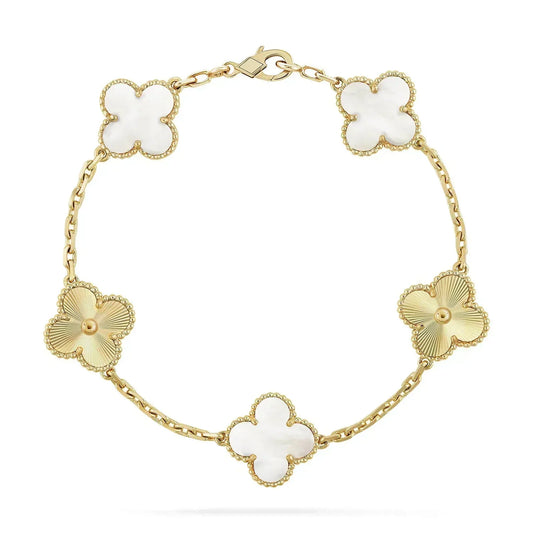 [✨Rose💎]BRACELET TRÈFLE 5 MOTIFS NACRE BLANCHE OR ROSE