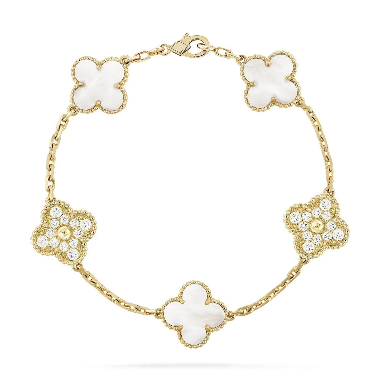 [✨Rose💎]BRACELET TRÈFLE 5 MOTIFS NACRE BLANCHE DIAMANT 
