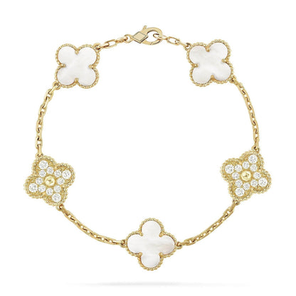 [✨Rose💎]BRACELET TRÈFLE 5 MOTIFS NACRE BLANCHE DIAMANT 