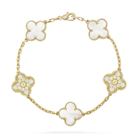 [✨Rose💎]BRACELET TRÈFLE 5 MOTIFS NACRE BLANCHE DIAMANT 