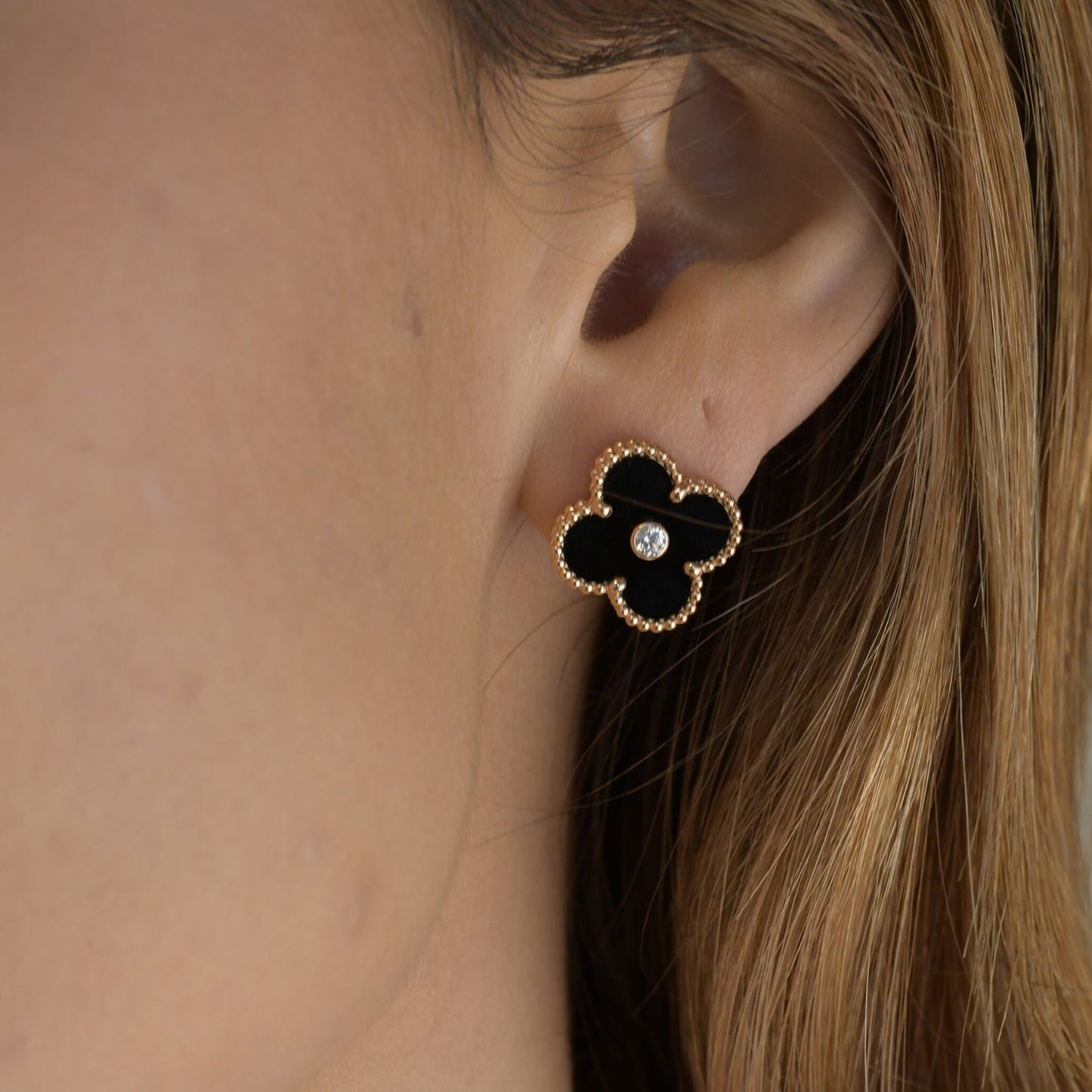 [✨Rose💎] BOUCLES D'OREILLES CLOVER MOYENNES 1 MOTIF ONYX DIAMANT