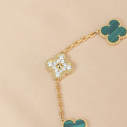 [✨Rose💎]BRACELET TRÈFLE 5 MOTIF MALACHITE DIAMANT