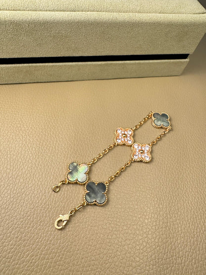 [✨Rose💎]CLOVER 5 MOTIFS DARK MOP AND DIAMONDS  BRACELET