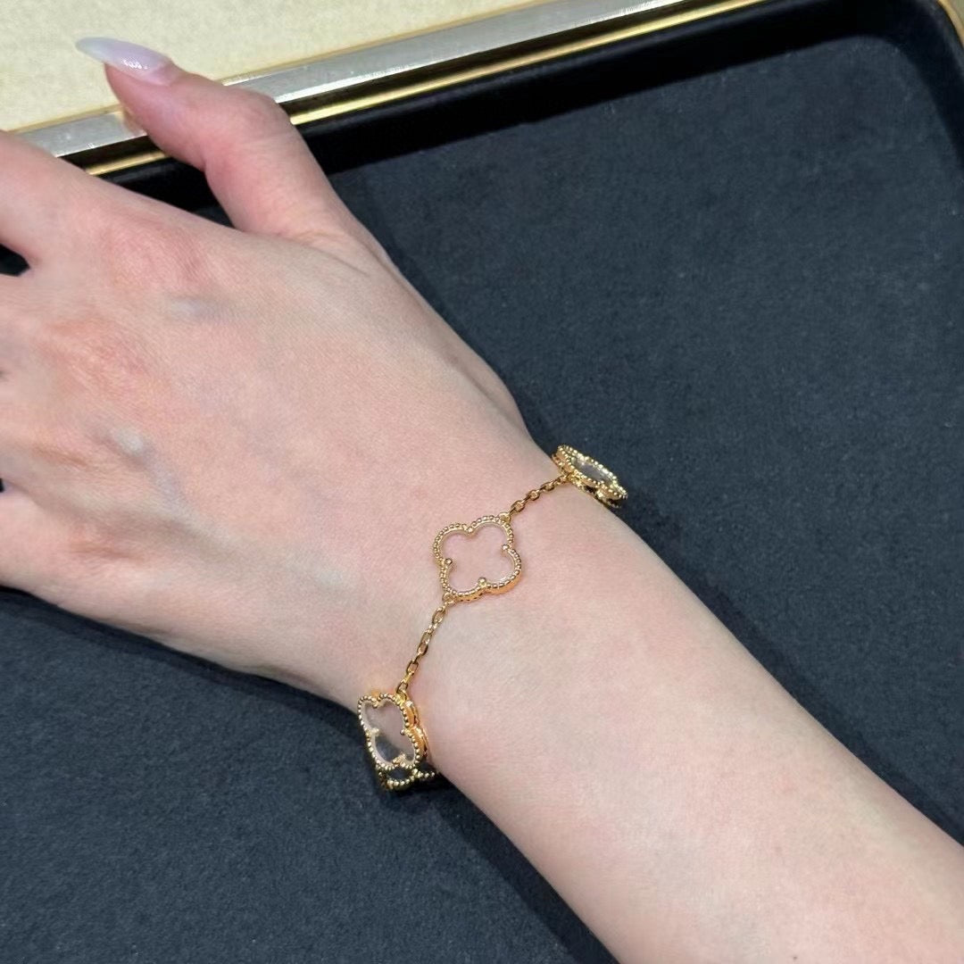 [✨Rose💎]BRACELET EN OR ROSE À 5 MOTIFS EN CRISTAL DE ROCHE ET TRÈFLE