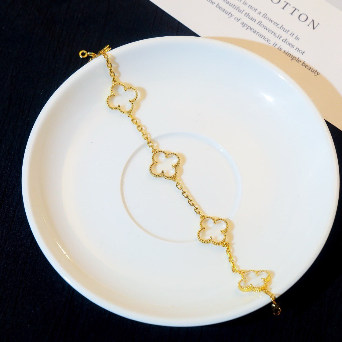 [✨Rose💎]BRACELET EN OR ROSE À 5 MOTIFS EN CRISTAL DE ROCHE ET TRÈFLE