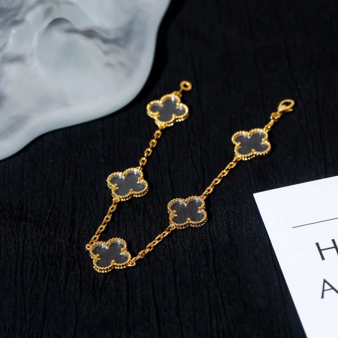 [✨Rose💎]BRACELET EN OR ROSE À 5 MOTIFS EN CRISTAL DE ROCHE ET TRÈFLE