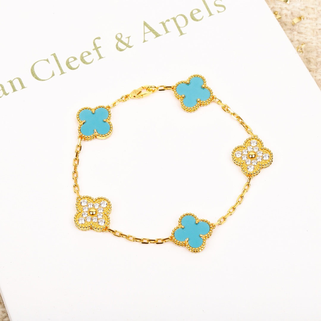 [✨Rose💎]BRACELET EN OR ET DIAMANT TURQUOISE À 5 MOTIFS TRÈFLE