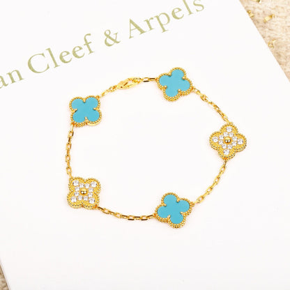 [✨Rose💎]BRACELET EN OR ET DIAMANT TURQUOISE À 5 MOTIFS TRÈFLE