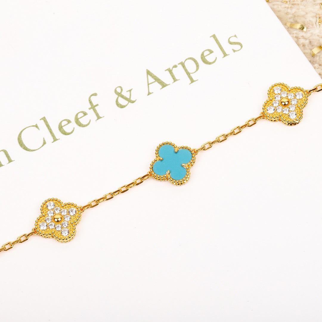 [✨Rose💎]BRACELET EN OR ET DIAMANT TURQUOISE À 5 MOTIFS TRÈFLE