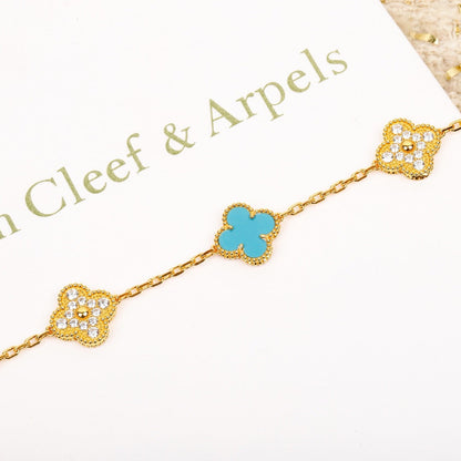 [✨Rose💎]BRACELET EN OR ET DIAMANT TURQUOISE À 5 MOTIFS TRÈFLE