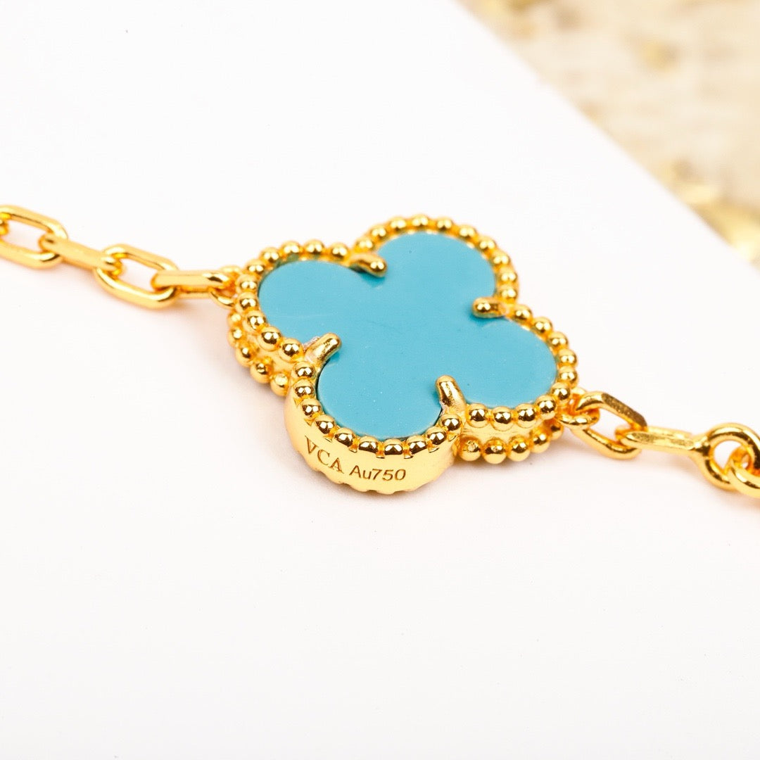 [✨Rose💎]BRACELET EN OR ET DIAMANT TURQUOISE À 5 MOTIFS TRÈFLE