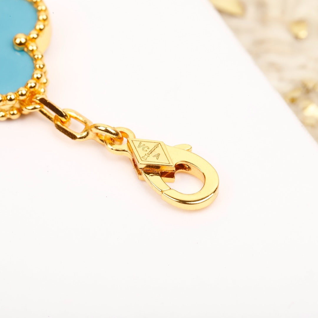 [✨Rose💎]BRACELET EN OR ET DIAMANT TURQUOISE À 5 MOTIFS TRÈFLE