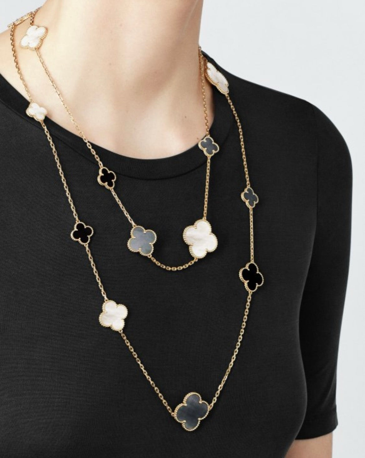 [✨Rose💎] CLOVER 16 MOTIF PREMIUM BLACK WHITE GRAY MOTHER OF PEARL NECKLACE