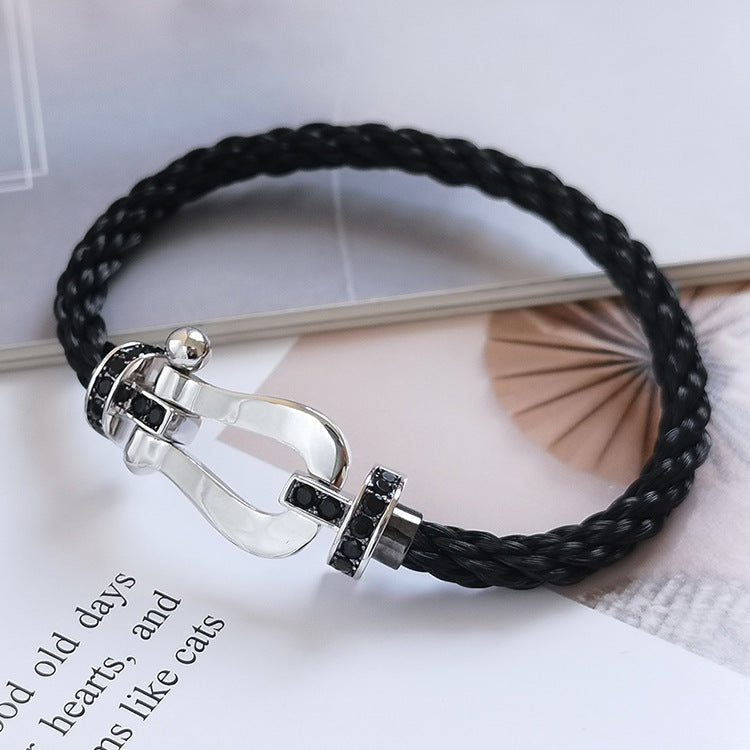 [✨Rose💎]BRACELET FORCE GRAND FER À CHEVAL DIAMANT NOIR ARGENT