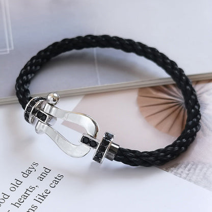 [✨Rose💎]BRACELET FORCE GRAND FER À CHEVAL DIAMANT NOIR ARGENT