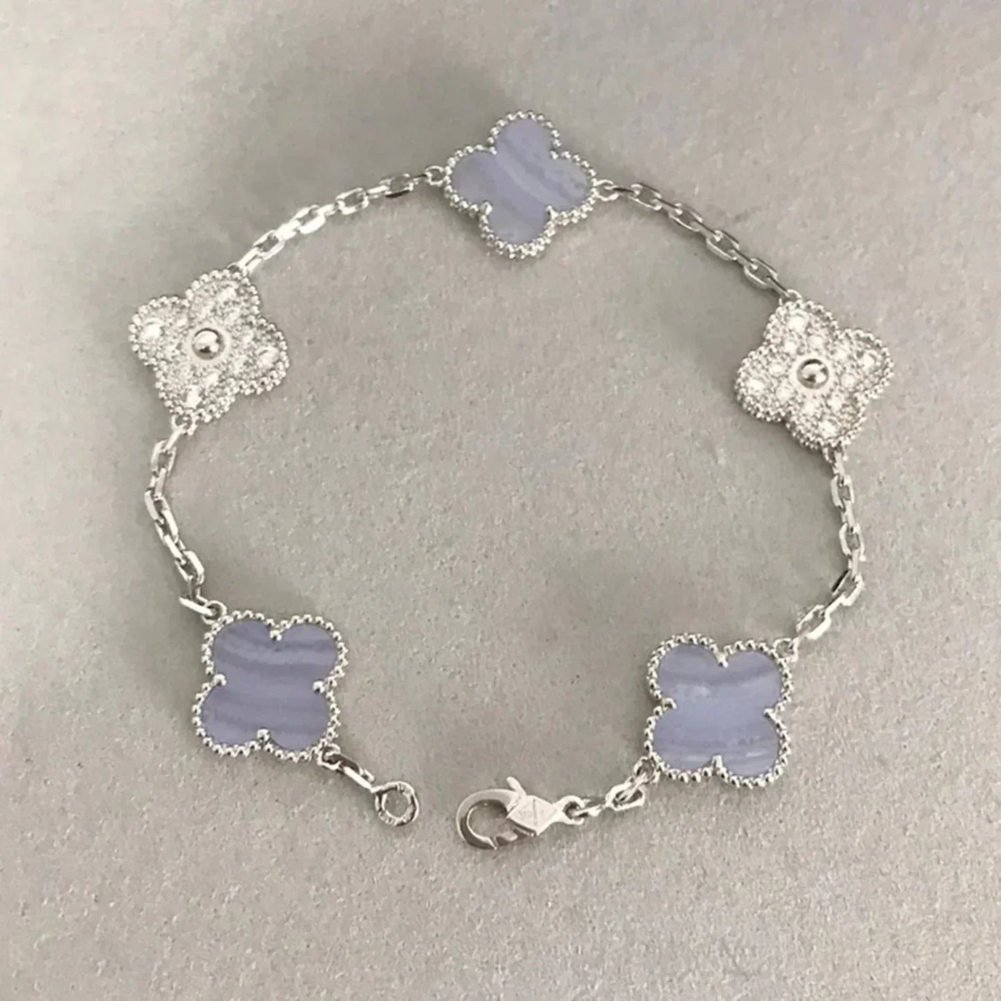 [✨Rose💎]BRACELET TRÈFLE 5 MOTIF DIAMANT CALCÉDOINE VIOLET ARGENT 