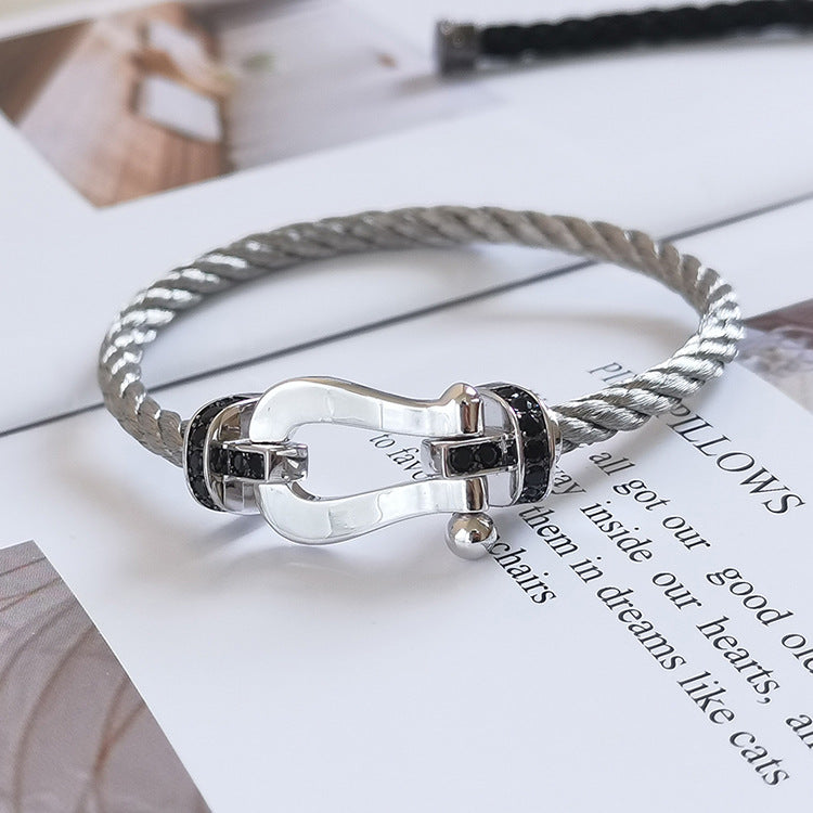 [✨Rose💎]BRACELET FORCE GRAND FER À CHEVAL DIAMANT NOIR ARGENT