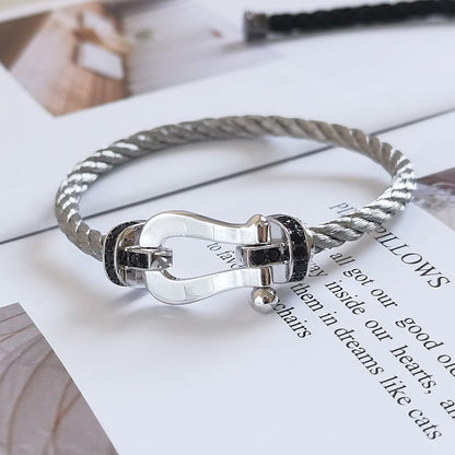 [✨Rose💎]BRACELET FORCE GRAND FER À CHEVAL DIAMANT NOIR ARGENT