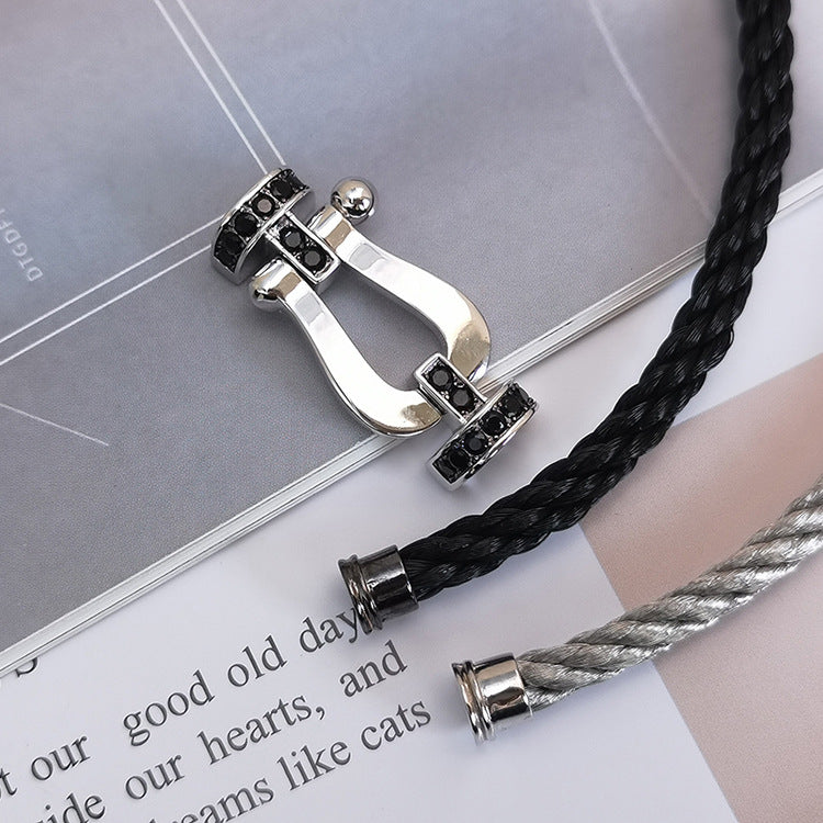 [✨Rose💎]BRACELET FORCE GRAND FER À CHEVAL DIAMANT NOIR ARGENT